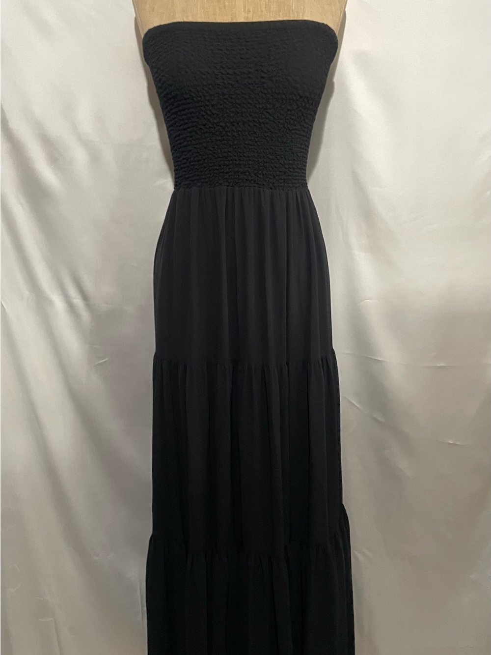 Micheal Kors black strapless maxi dress with smocked bodice and tiered skirt
